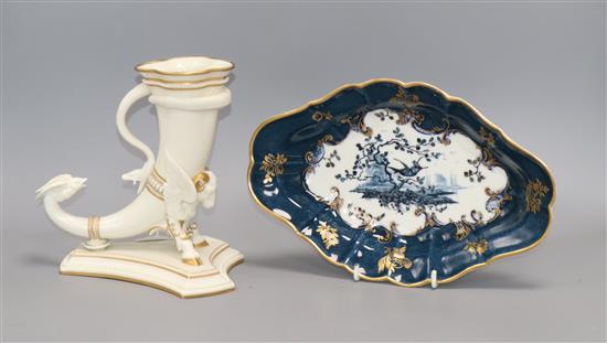 A Worcester cream and gilt rams headed cornucopia and a Worcester blue and gilt dish tallest 19cm